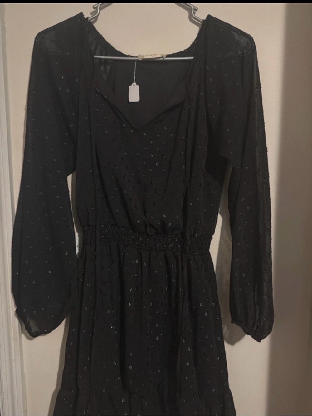 Altar'd State Black Long Sleeve Smocked-Waist Midi Dress